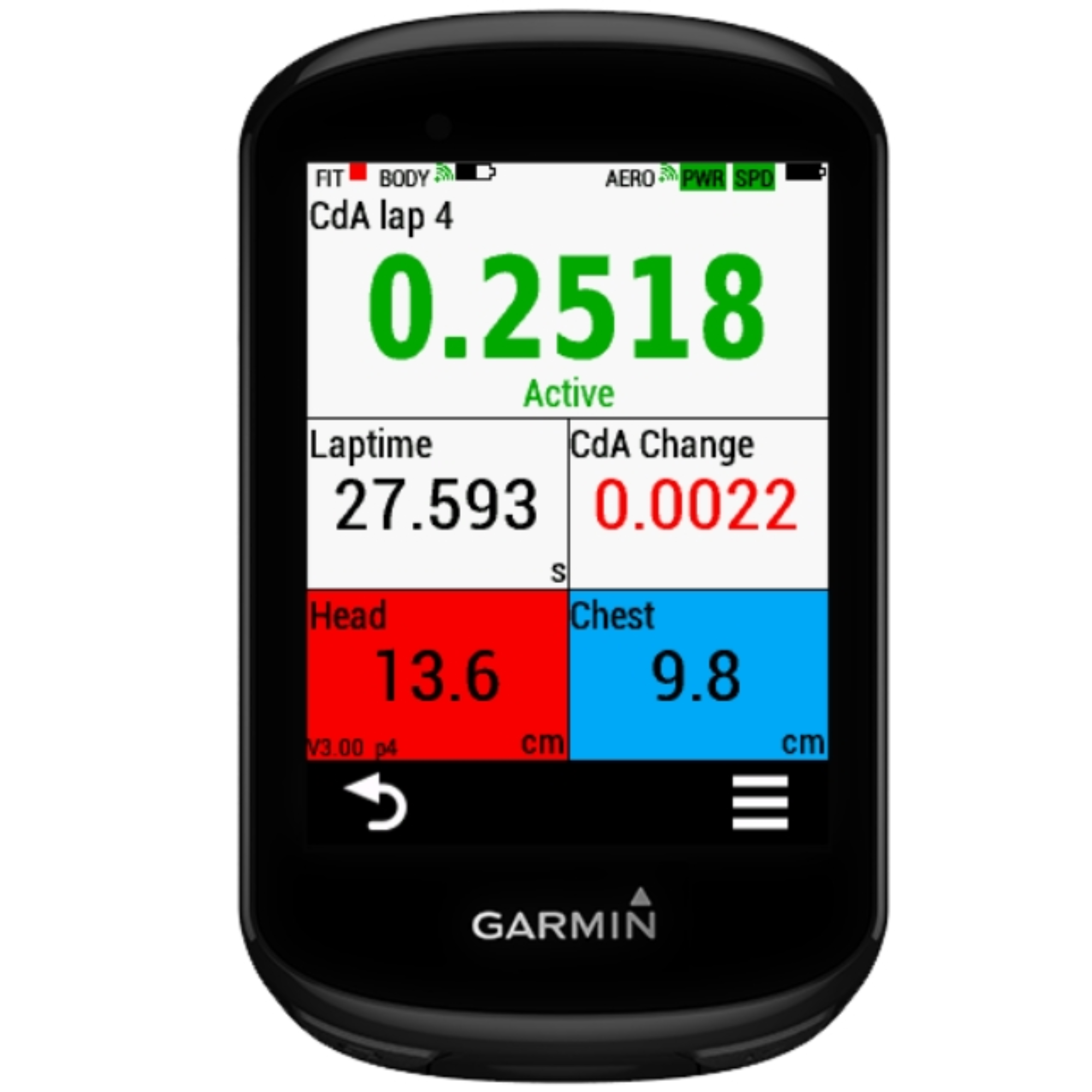 garmin aerosensor app showing aerobody body position sensor data